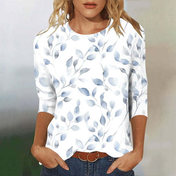 YUNAFFT Floral Print Loose Fit 3/4 Sleeve Round Neck T-Shirt Blouse Top for Women