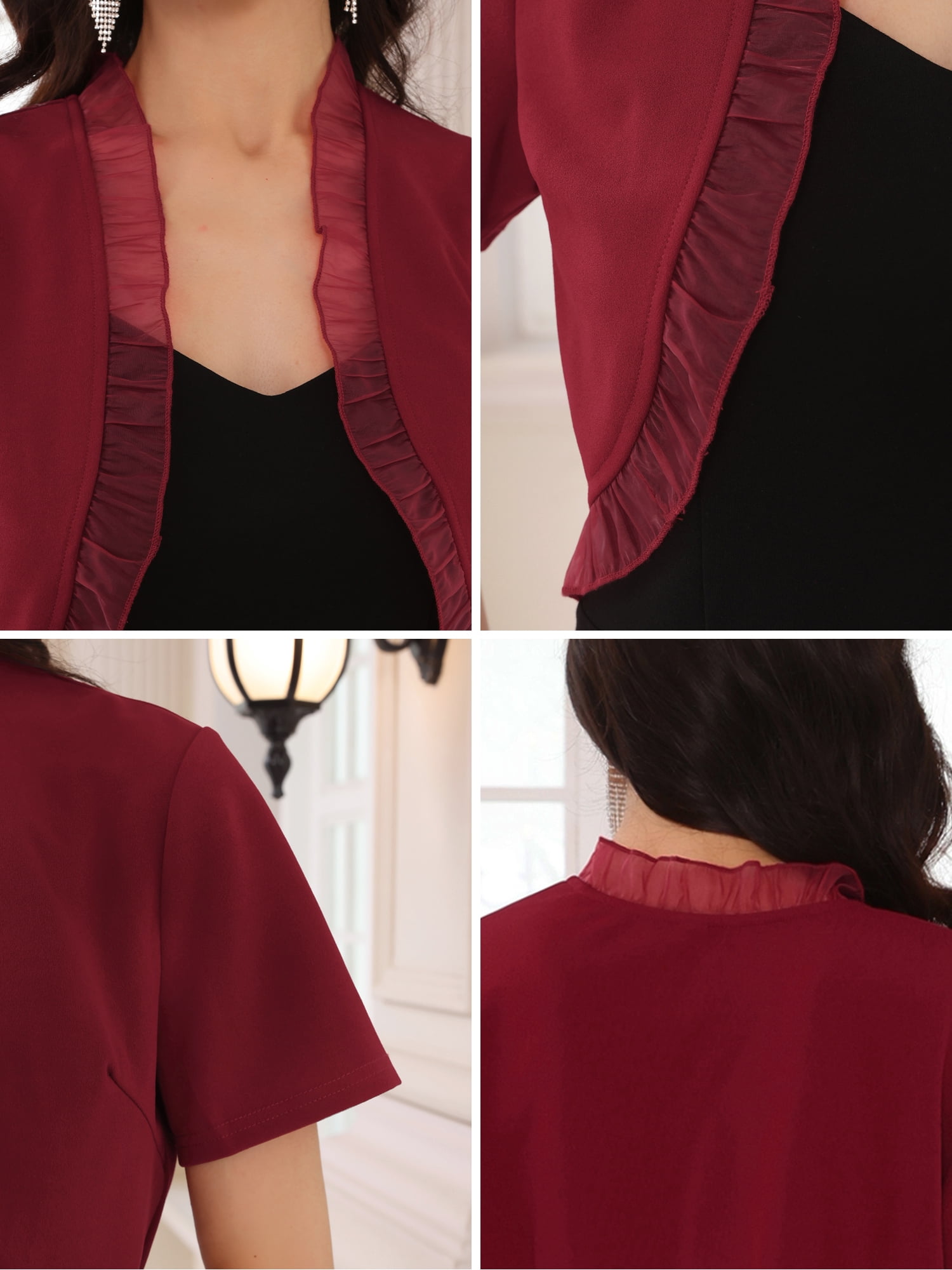 DARING DIVA Open Front Shrug Crop Ruffle Trim Short Sleeve Cocktail Bolero XL Dark Red