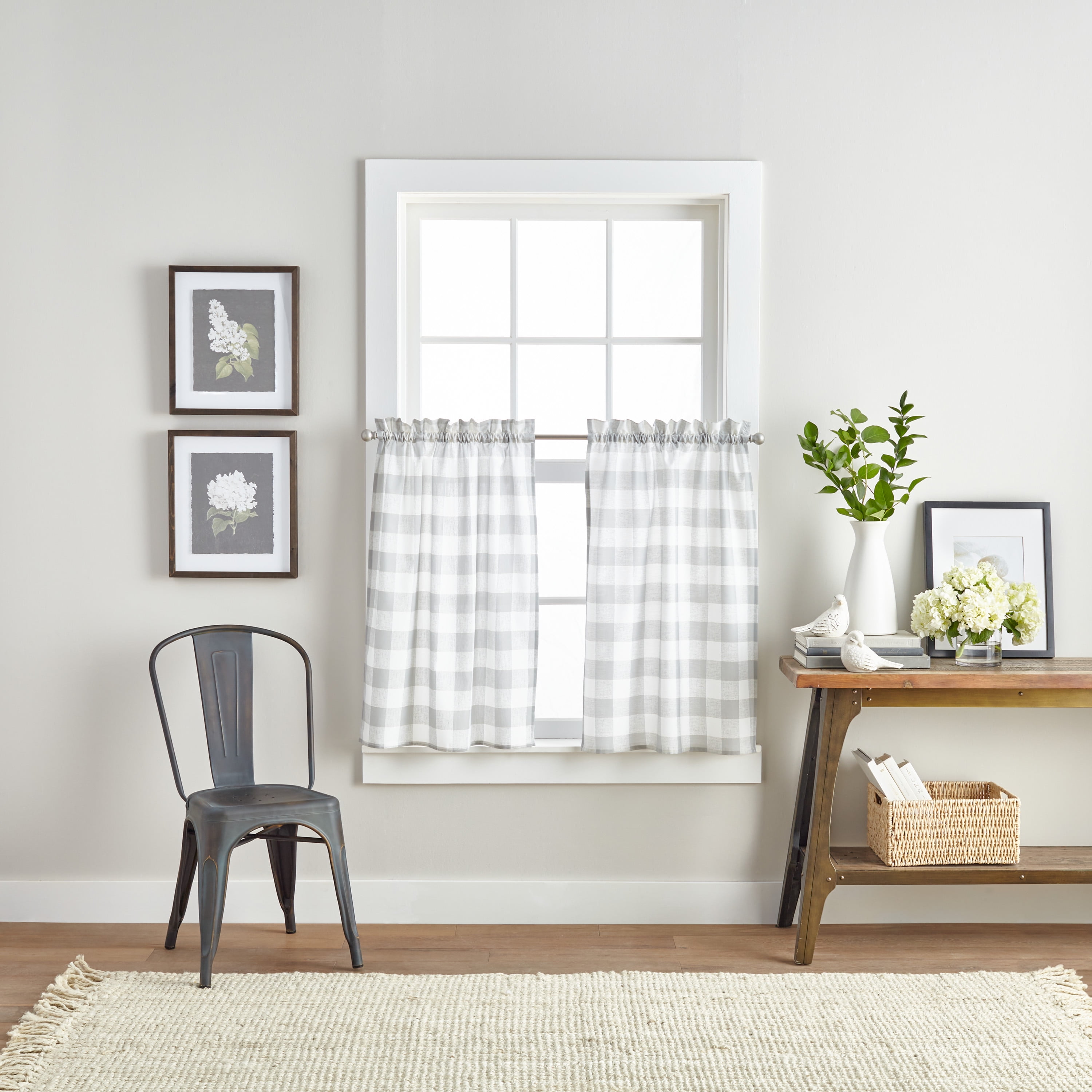Curtainworks Buffalo Check Valance and Tier Set of 3, Indoor Light Filtering, Polyester, Rod Pocket , Grey , 56"W x 36"L, Adult
