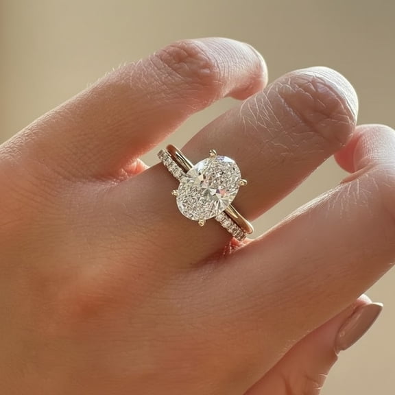 Jewelerix Oval Cut Moissanite Engagement Ring in 10K Yellow Gold Vermeil, Pavé Diamond Band, Double Band Solitaire Bridal Ring for Women