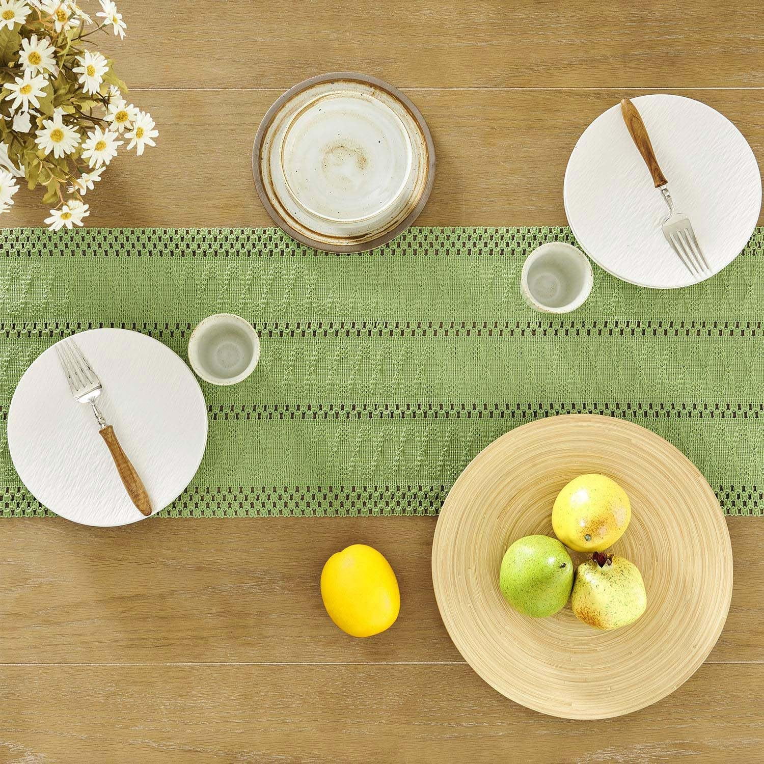 Boho Table Runner, Macrame Style Ivory Table Runners Farmhouse Woven Home Decor, 12x64 Inch, Green