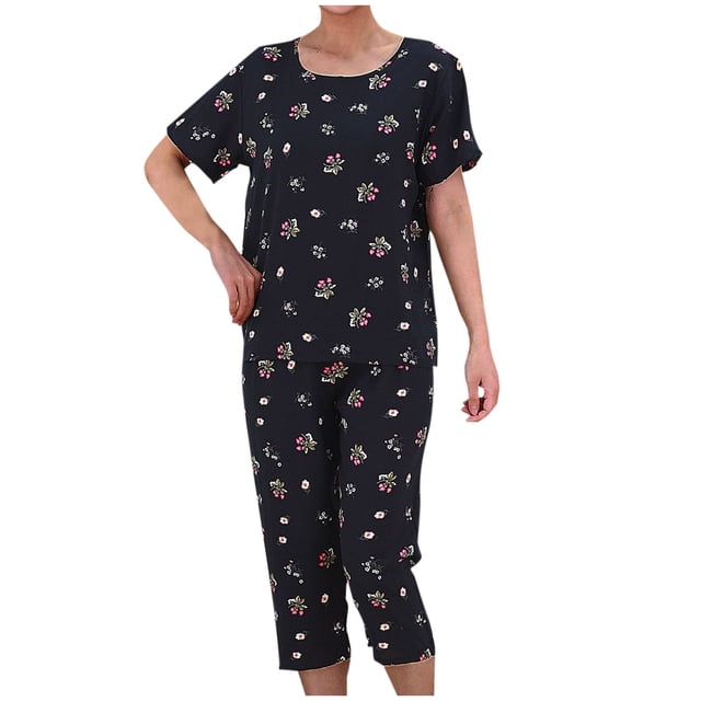 Pisexur Ensembles de Pyjama pour Femmes 2 Pcs Boho à Imprimé Floral Chemises de Nuit en Coton pour Femmes Décontractées Col Rond T-Shirts à Manches Courtes Hauts et Pantalons de Détente Longueur Genou Pyjamas Grande Taille pour Femmes Ensemble TG-4TG