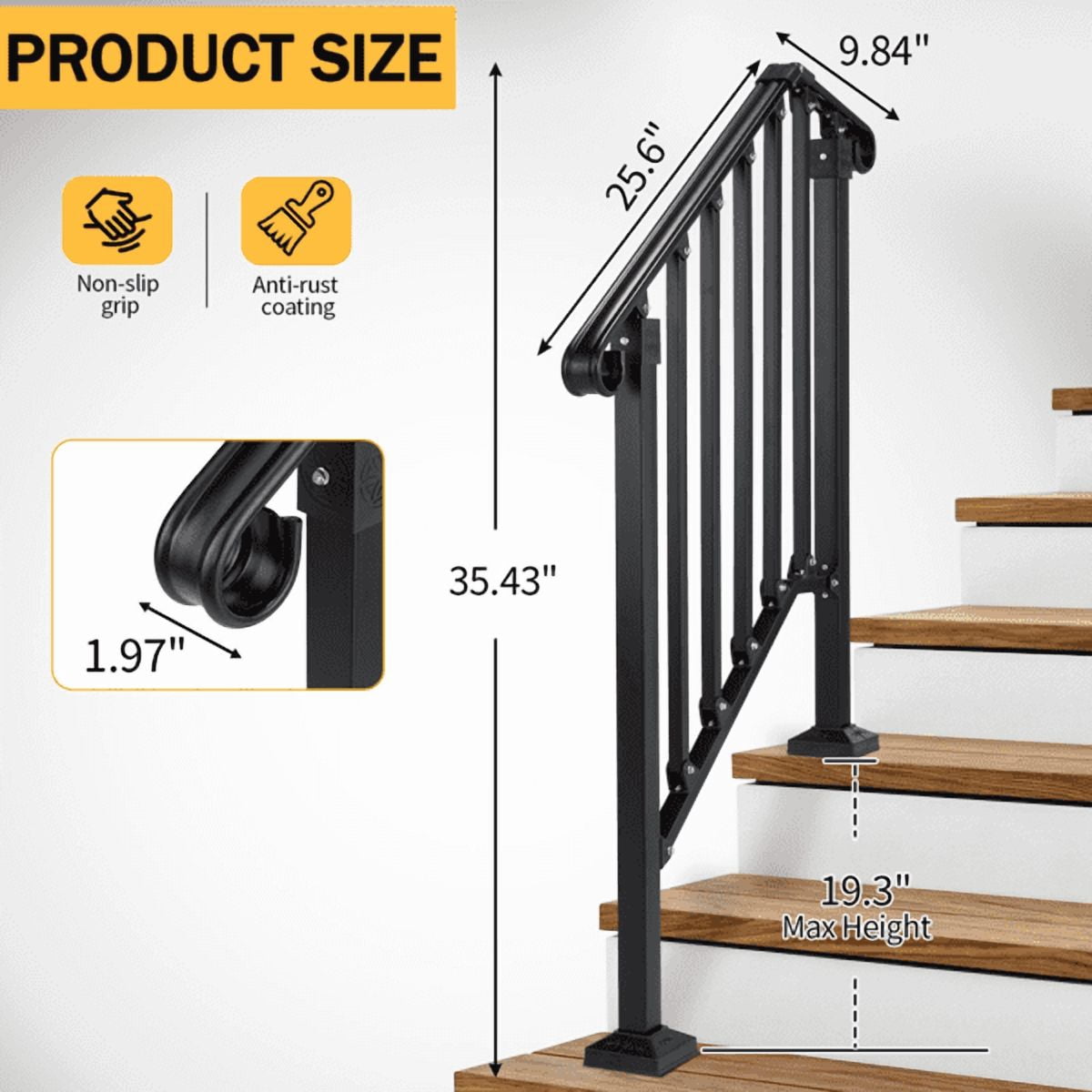 2‑Tier ABS Plastic Handrail for Patio Courtyard Stairs, Matte Black