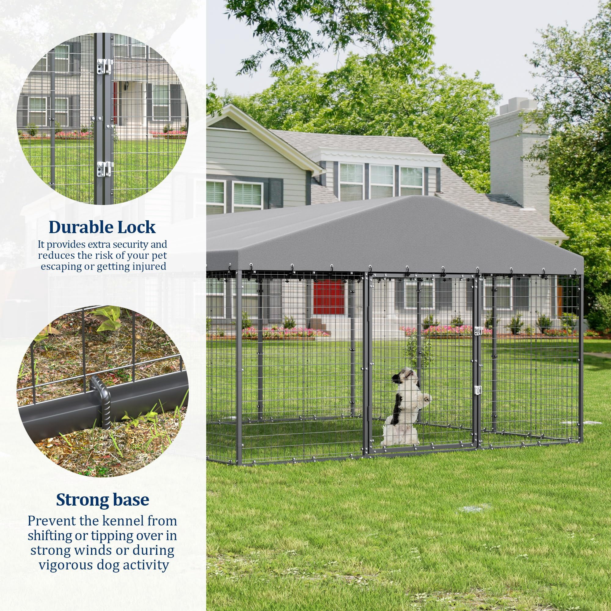 Large Heavy Duty Dog Kennel Outdoor, 118 x 118 x 70.9 Inch Galvanized Steel Dog Cage with Roof, Double Security Lock Pet Enclosure Fence, Black