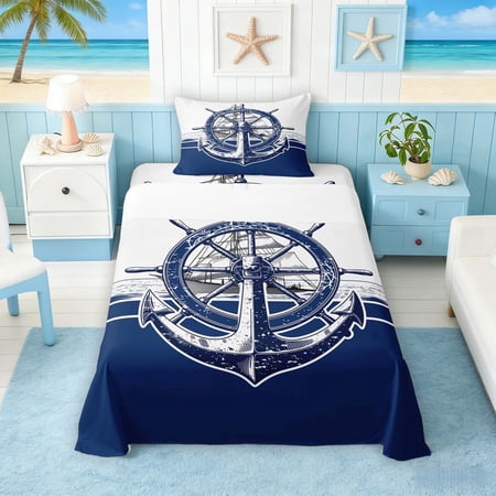 Manfei Vintage Blue Rudder Anchor Sailboat Twin Sheet Sets for Kids Boys and Girls Nautical Print Bedding 3pcs 1 Flat Sheet 1 Fitted Sheet and 1 Pillowcase