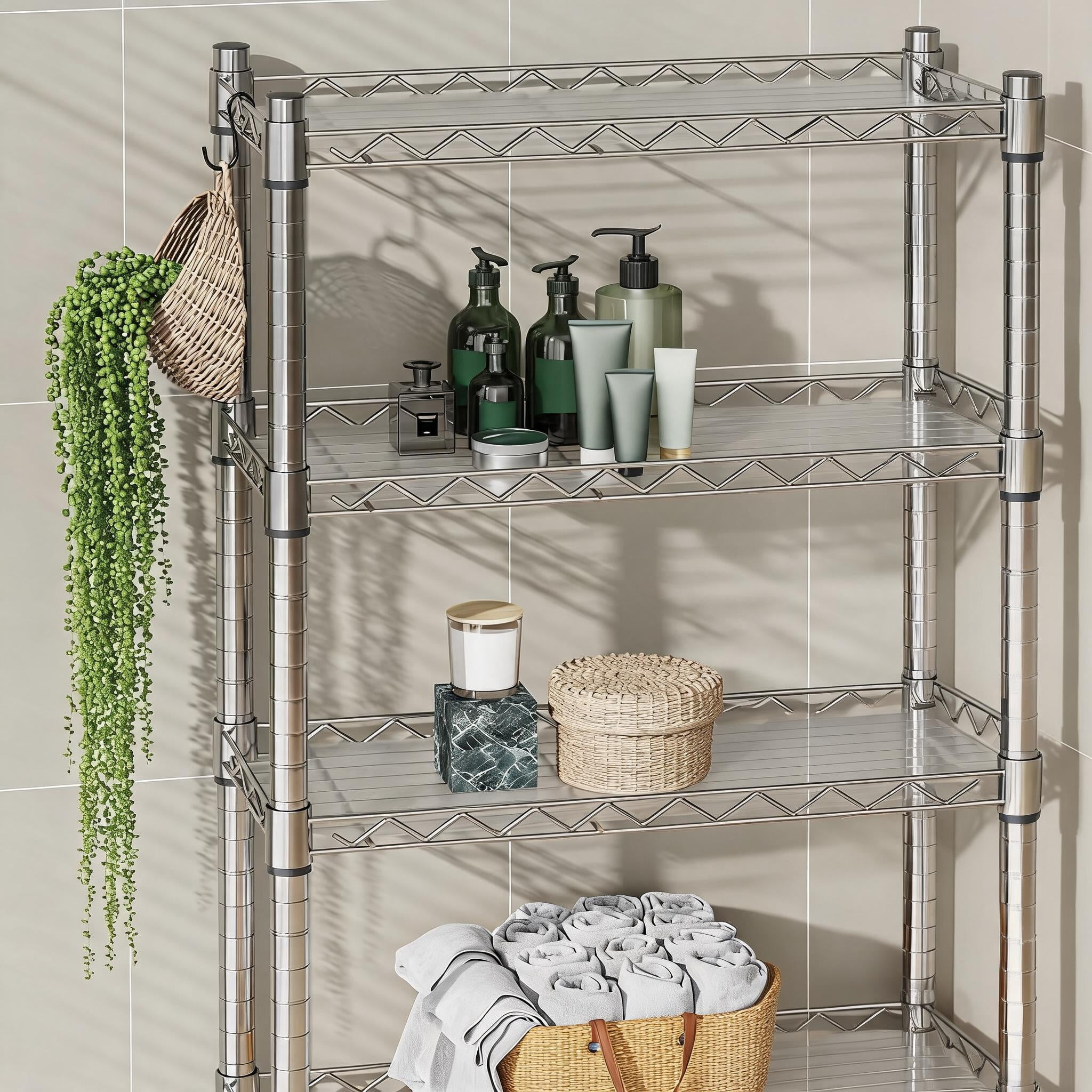 4-Tier Over the Toilet Storage Shelf with Adjustable Metal Shelves and Basket Chrome