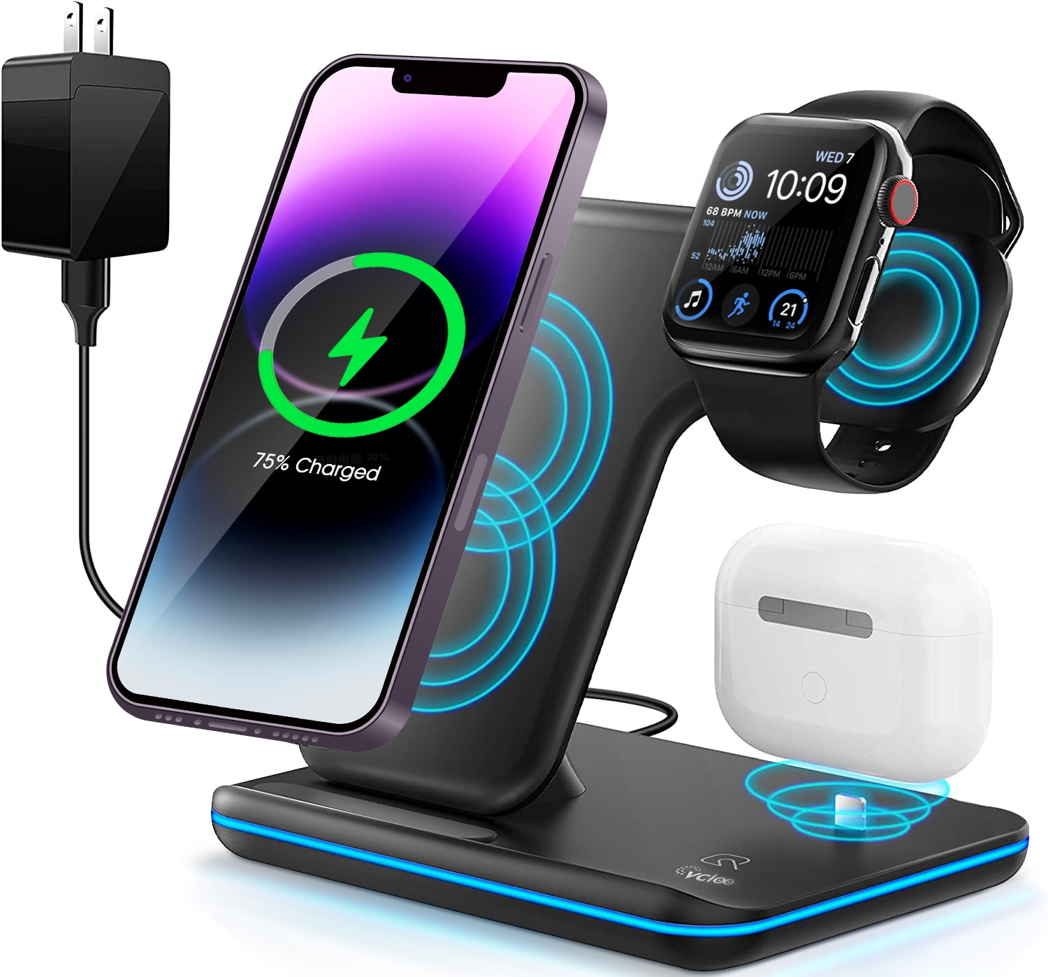 Wireless Charger, 3 in 1 Qi-Certified 15W Fast Charging Station/ Stand,  Compatible for iPhone Series 13/12/11/XS/MAX /XR/XS/X/Apple Watch Charger  6/5/4/3/2, AirPods Pro/Samsung, Black 