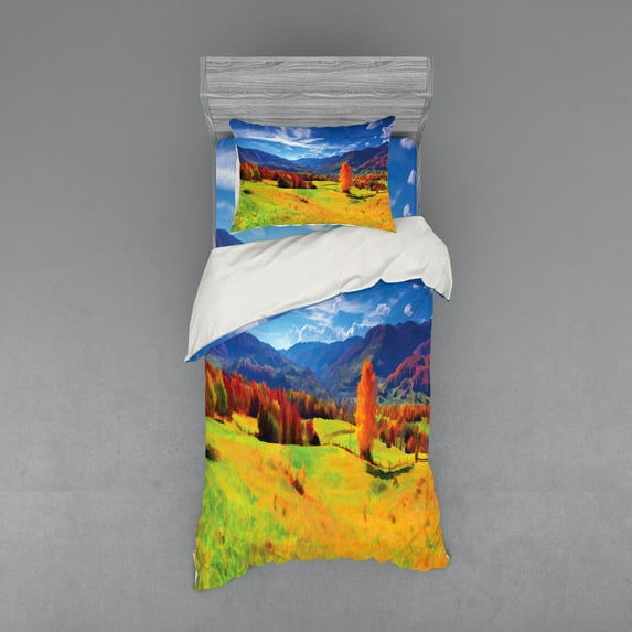 Autumn Duvet Cover Set, Alpine Mountains with Farmland Fall Season Forest European Landscape Illustration, Bedding Set with Shams and Fitted Sheet, 3 Sizes, by Ambesonne