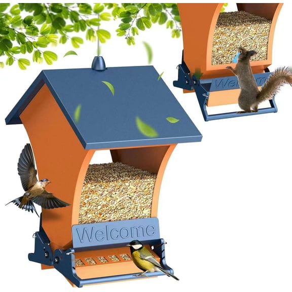 Hanging Squirrel Proof Bird Feeders For Outside, Weight Activated Squirrel Proof Bird Feeding Station, 5LBS Large Capacity Thistle Bird Feeder For Finch, Cardinal, Bluebird, Blue Jay, Wild Bird-Blue
