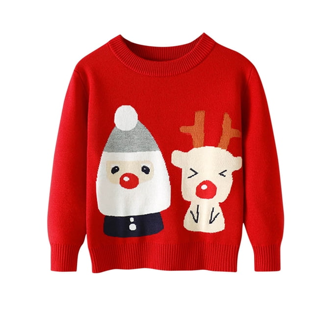 Pull de Noël pour Bébés Filles Garçons 2-11 Ans Col Rond Tricoté Manches Longues Automne Hiver Vêtements Rouge