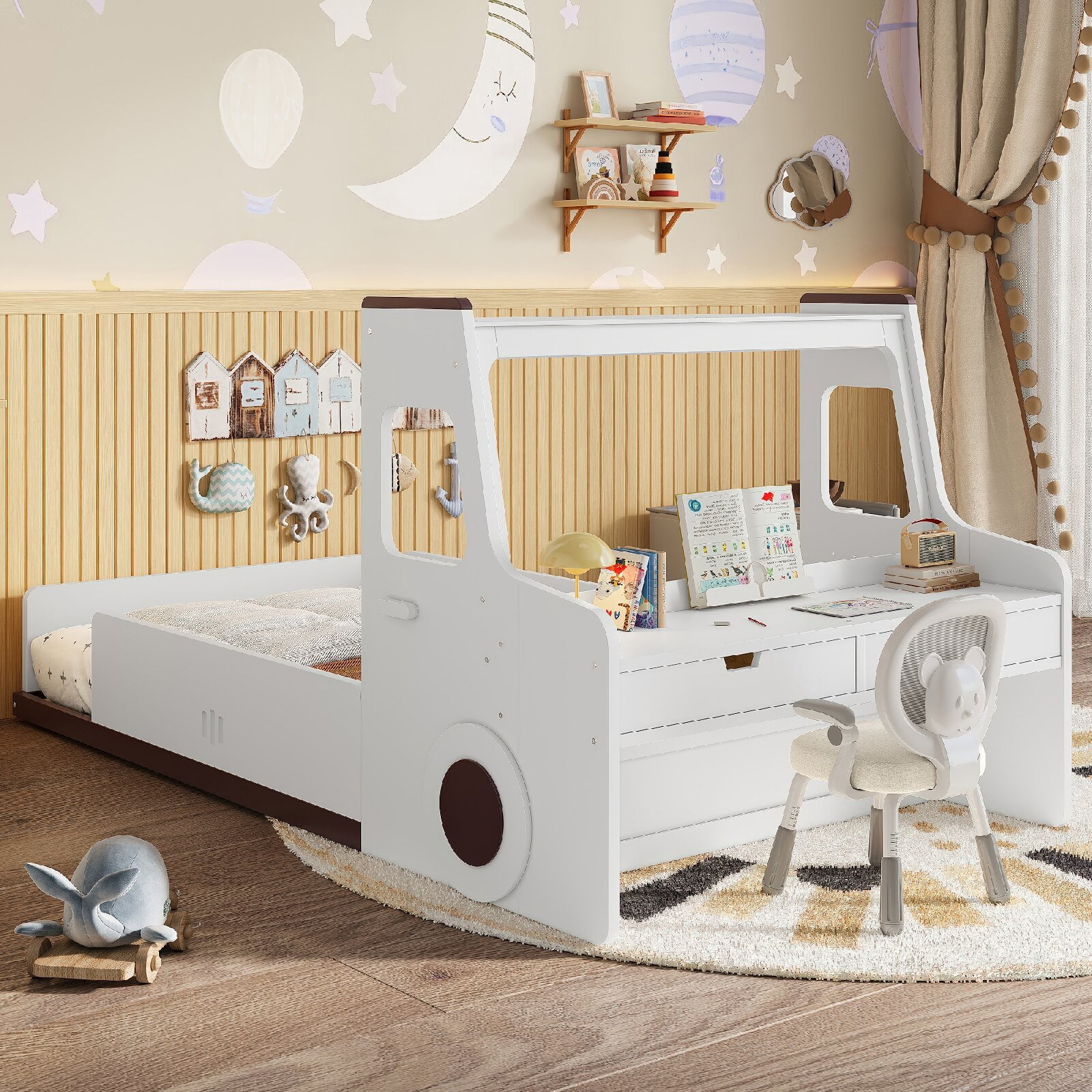 Twin Size Floor Bed Frame with Interesting Car-shape Design and Build-in Desk, Car Floor Bed with Storage Drawers and Small Window for Bedroom, Apartment, Easy Assembly, Mattress Not Included, White