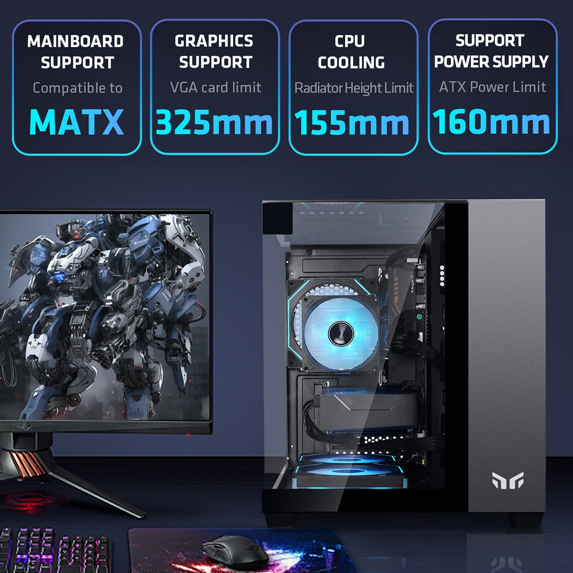 YEAH MAGIC CUBE Gaming ITX Computer Case Tempered Glass Three-sided Transparent Support Mid-Tower With 3 RGB Fans 3D Panoramic View MATX Gaming Desktop Chassis Black