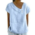 thumbnail image 3 of Aboser Asymmetrical Shirts for Women Trendy Cotton Linen Tops Dressy Casual Short Sleeve T Shirt Solid Color Beach Blouse Breathable Cozy Tunic Top Light Blue L, 3 of 7