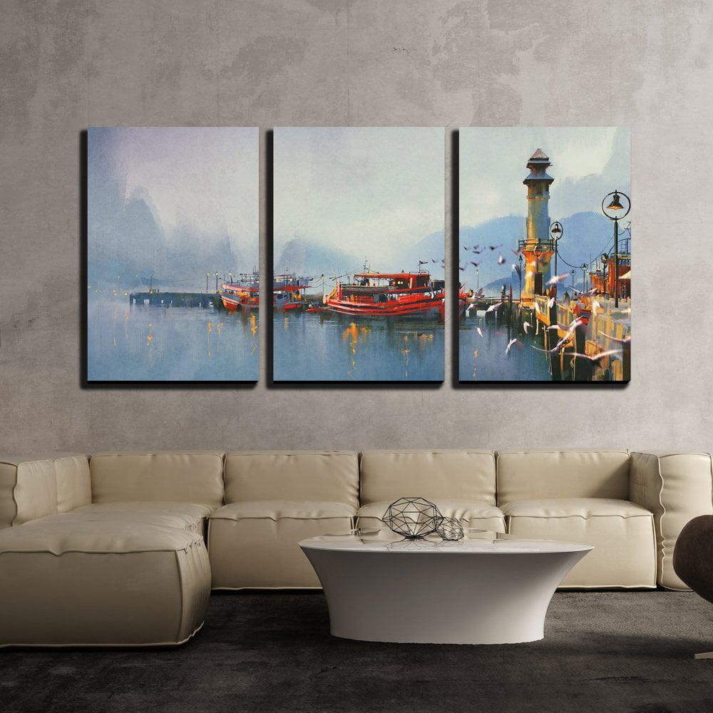 Wall26 3 Piece Canvas Wall Art Fishing Boat in Harbor at Morning