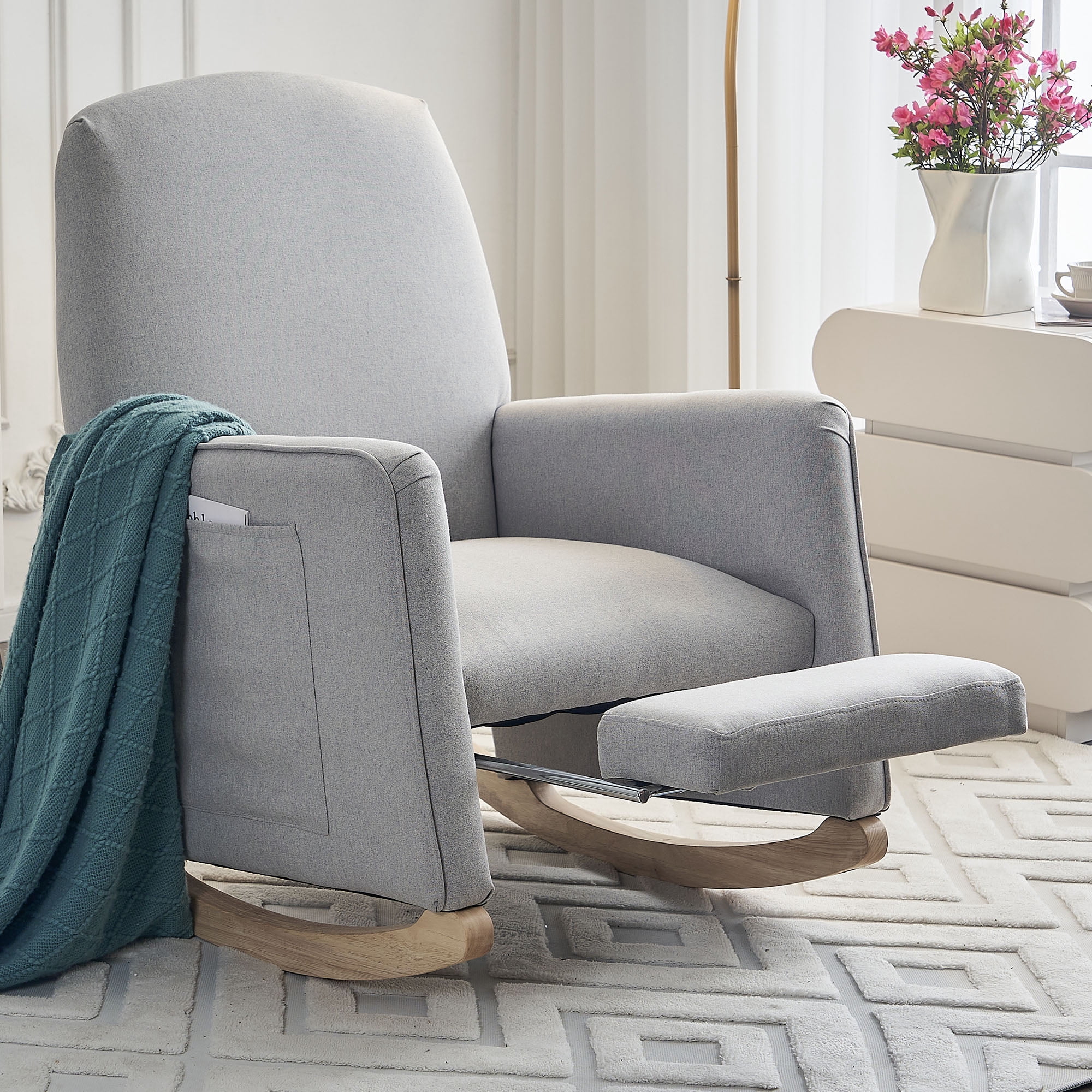 Cotton Linen Rocking Chair Adjustable Footrest, Wooden Legs 300 LBS Capacity Easy Assembly Living Room or Bedroom Furniture
