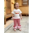 thumbnail image 6 of BemeyourBBs Toddler Baby Girl Back to School Outfit Kids Pre Kindergarten Outfits Little Baby Girl Summer Clothes Short Sleeve Ruffle Trim Bow Pencil Print T Shirt Tops Flared Pants Sets, 6 of 9