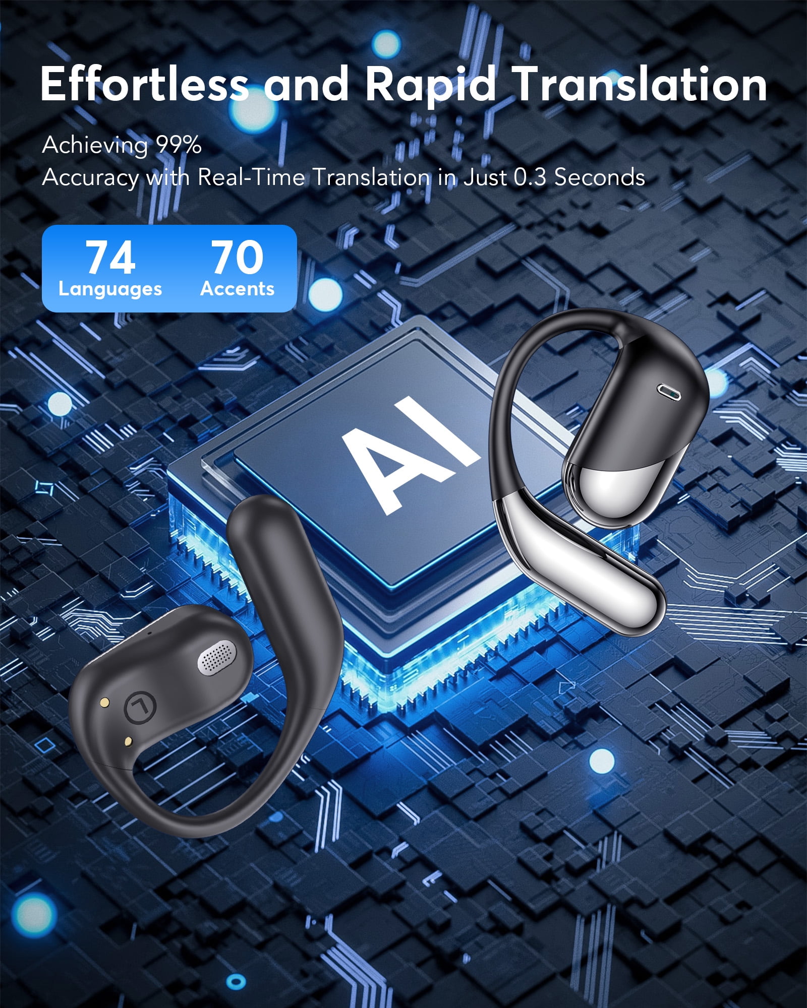 AI Translation Earbuds Real Time - Audifonos Traductores Inglés Español, 3-in-1 Translator Device, Supports 144 Languages & Accents, Open Ear Earbuds with Charging Case