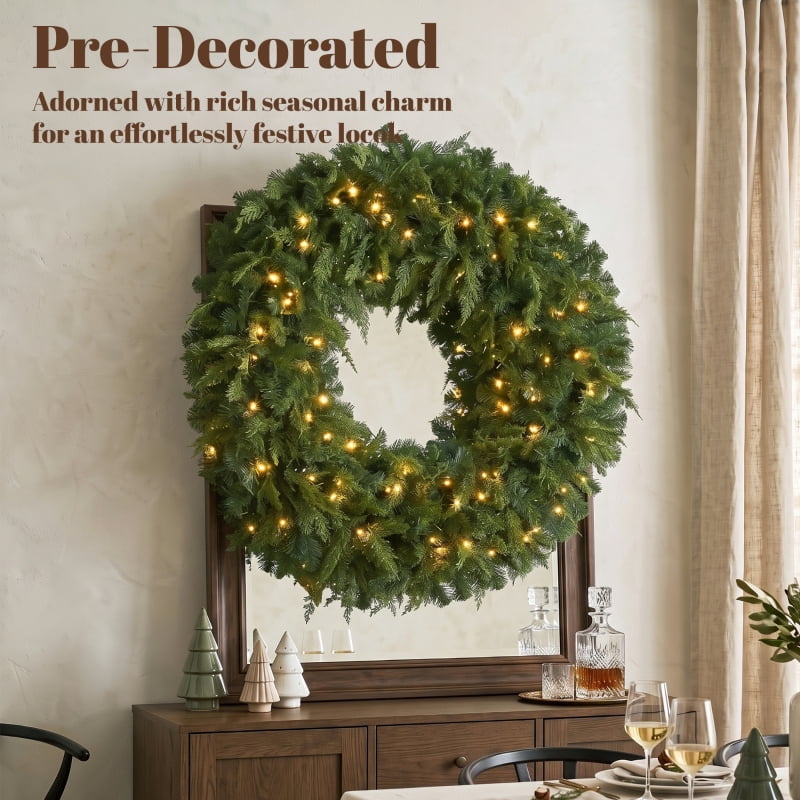 Alvantor Christmas Wreath Pre-Lit Crestwood Spruce with 100 LEDs & 8 Modes 36"x36"x6" Green