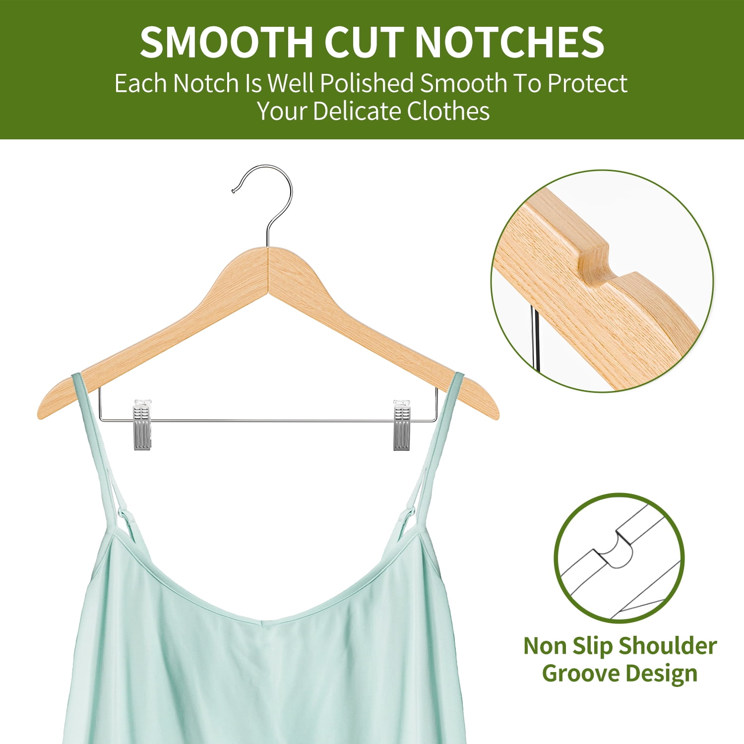 Wooden Hanger with Clips 12 Pack : Askmuse Natural Coat Hanger for Closet, Wooden Clothing Hanger with Shoulder Grooves, 360 Degree Rotatable Hook, Wood Hanger for Shirts, Jackets, Dress, Pant