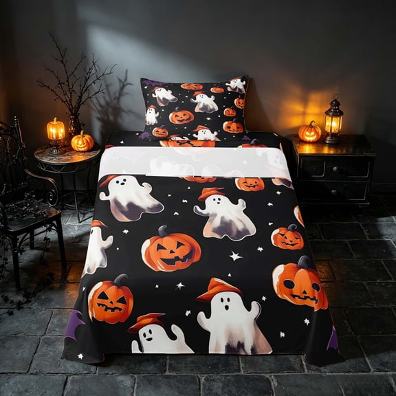 Homewish Halloween Cartoon Ghost Twin Sheets, Pumpkin Lantern Bedding, Black Orange Purple, 3 Pieces (1 Flat Sheet, 1 Fitted Sheet and 1 Pillowcase)