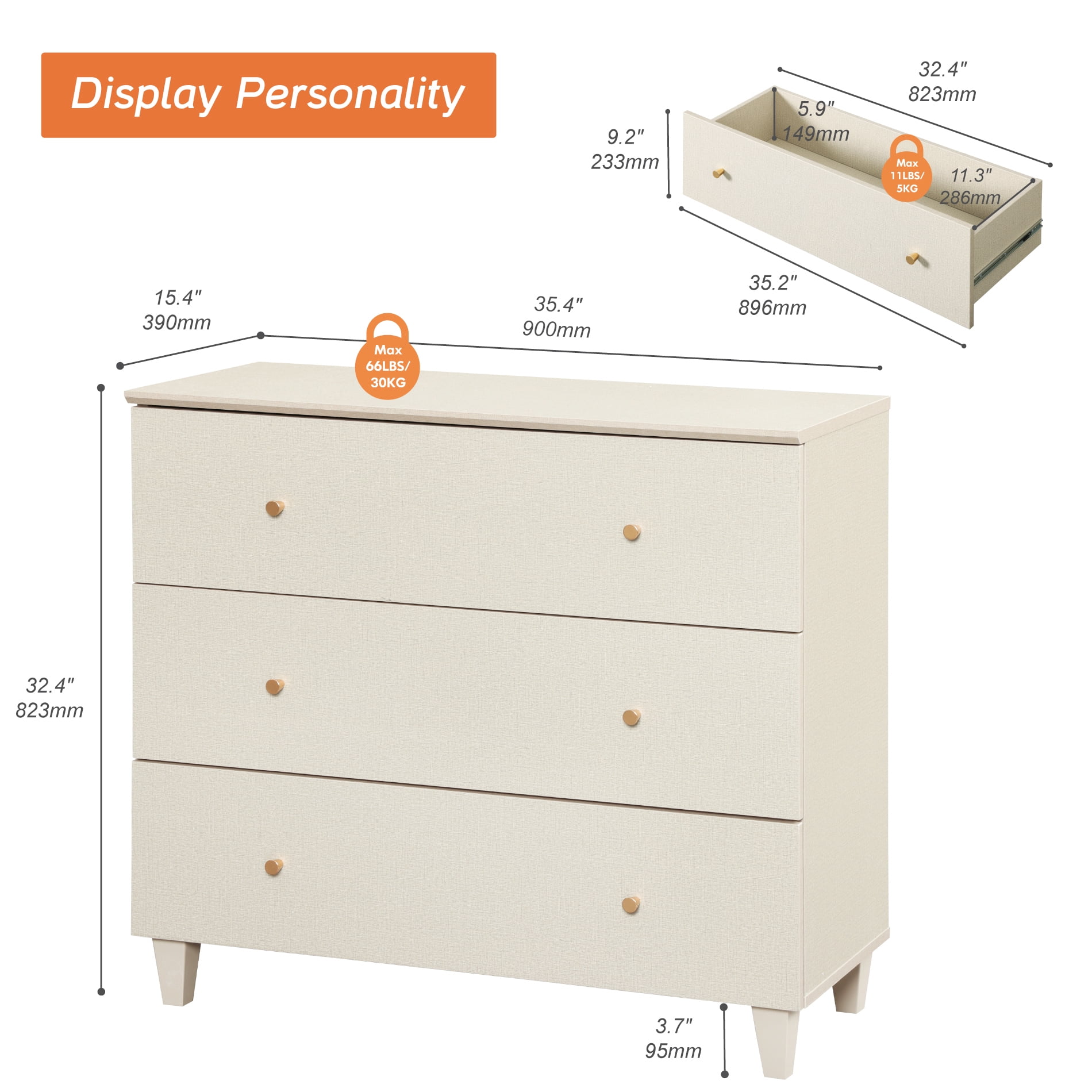 Bedroom Dresser with 3 Drawers, Mid-Century Modern Small Dresser, Light Oak Wood Chest of Drawers with Solid Wood Legs, 36"