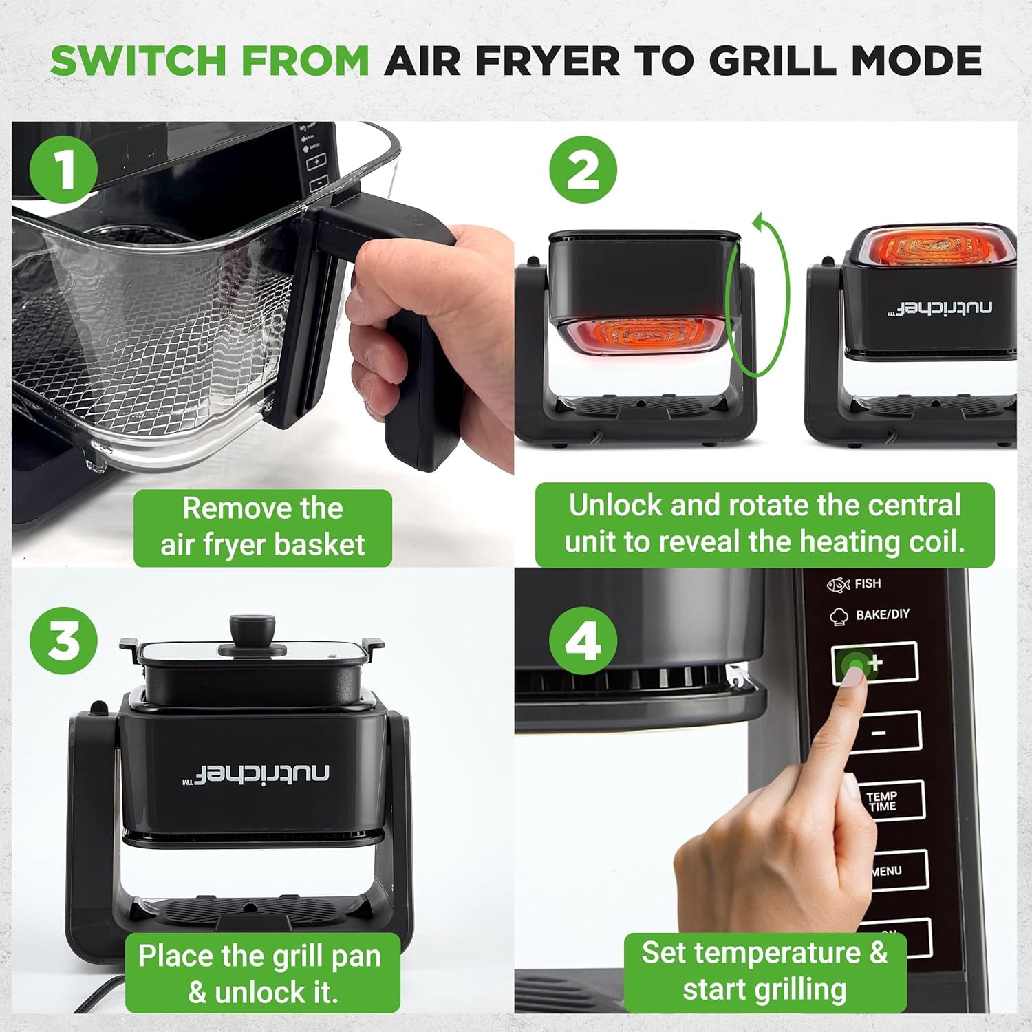1500W Electric Air Fryer & Grill with 4L Glass Pot, 7-in-1 Functions, Large Digital Control Panel