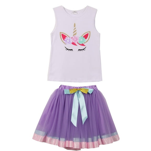 Toddler Girls 2 Pieces Skirt Set Unicorns Floral Tank Top Tutu Tulle Skirt Set White 2T XS (P201467P)