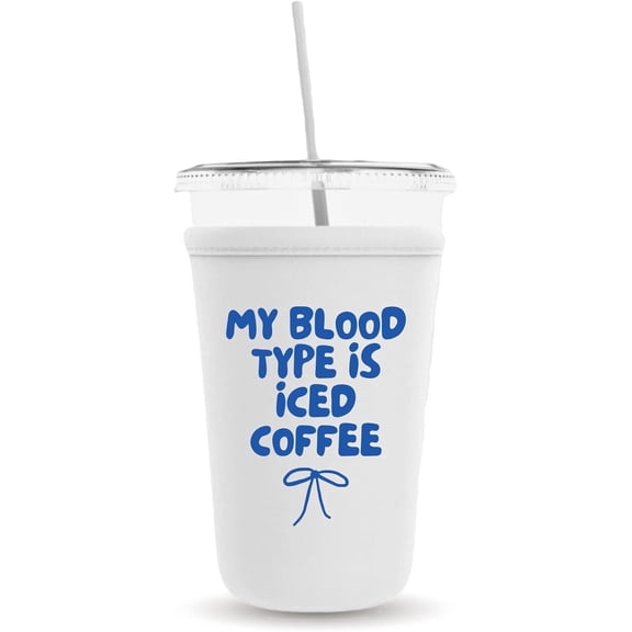 My Blood Type Is Iced Coffee, Neoprene Iced Coffee Cup Cooler, Gift and Party Favor Drinkware Ideas, Cold Drink Sleeve (White)