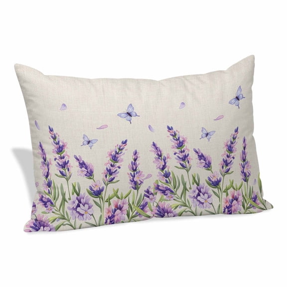 Botanical Lavender Floral Pillow Covers, Linen Long Throw Pillow Case, Purple Flowers Butterfly Beige Holiday Pillow Protector Decorative Cushion Cover for Living Room/Bedroom 20" x 26"