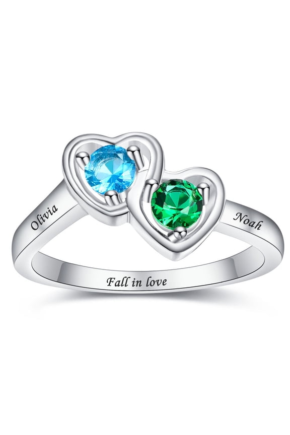 Women's Personalized 925 Sterling Silver Mothers Rings 2 Simulated Birthstones Customized Name Rings for Couple Band Size 5-12