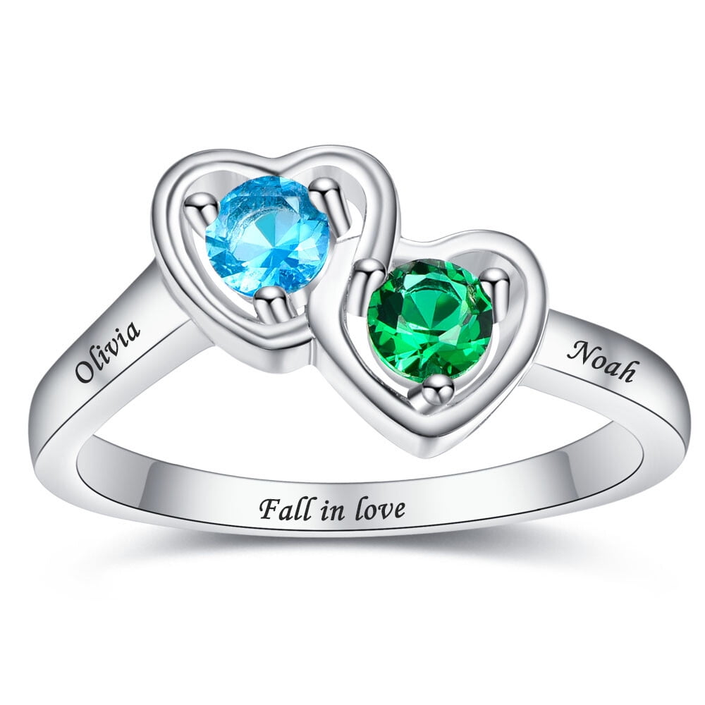 JQUEEN Women's Personalized 925 Sterling Silver Mothers Rings 2 Simulated Birthstones Customized Name Rings for Couple Band Size 5-12