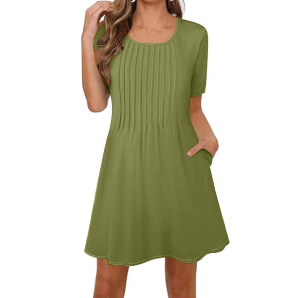 Vestido de Verano de Manga Corta para la Impresión de las Mujeres Diseño de Cuello Redondo, Vestido Casual de Poliéster Ligero