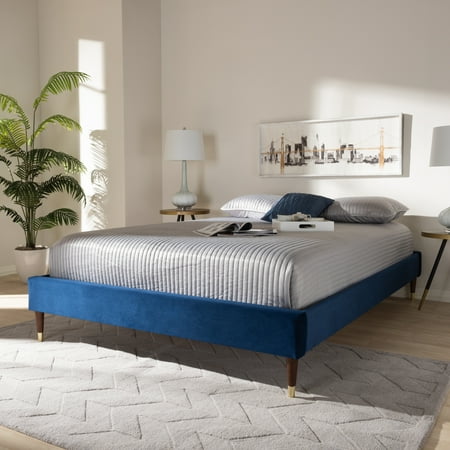 luxe volden baxton upholstered glam velvet tone leg platform navy queen fabric frame bed studio tips wood gold dialog displays