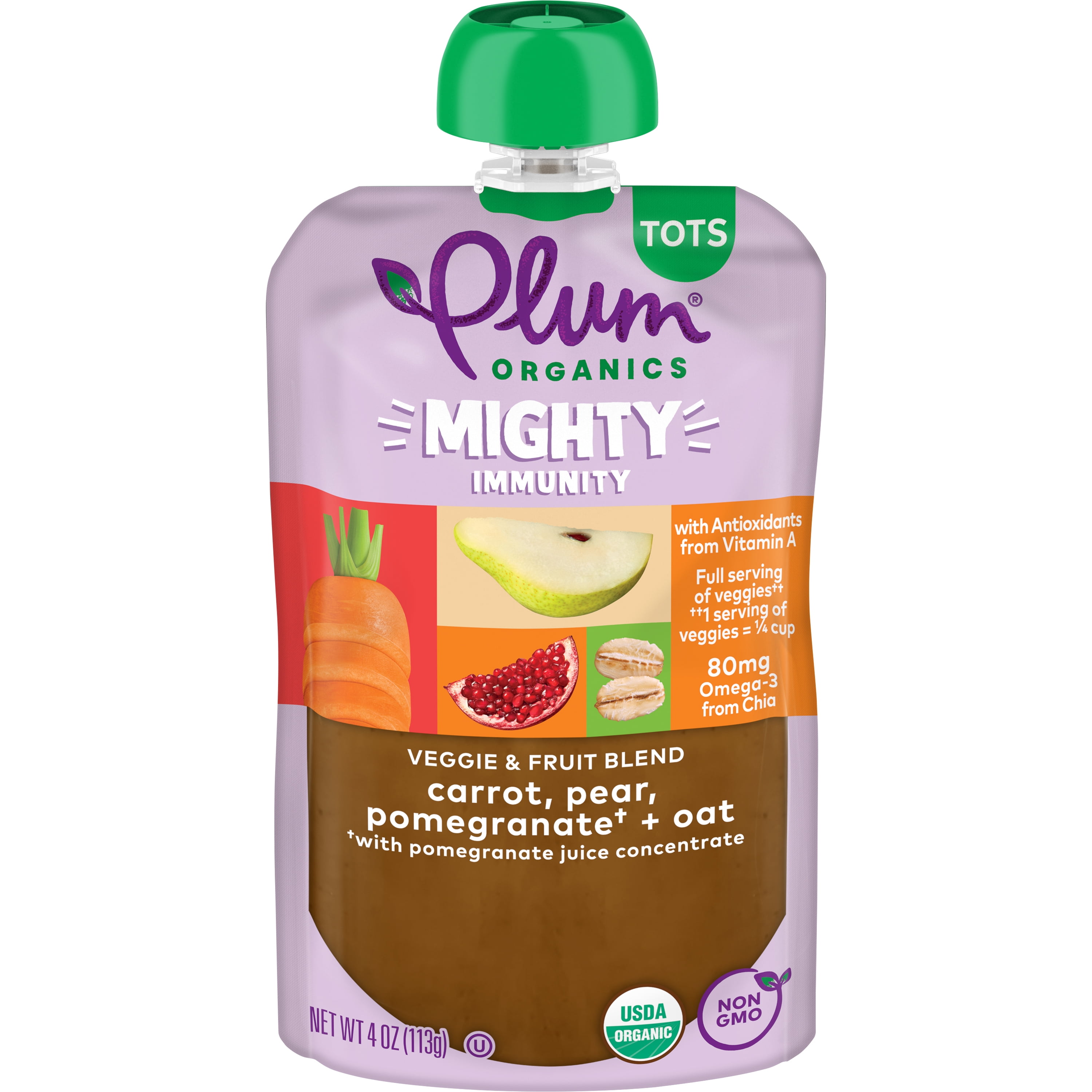 Plum Organics Mighty Immunity Toddler Baby Food, Carrot, Pear, Pomegranate and Oat, 4 oz Pouch - Case of 12