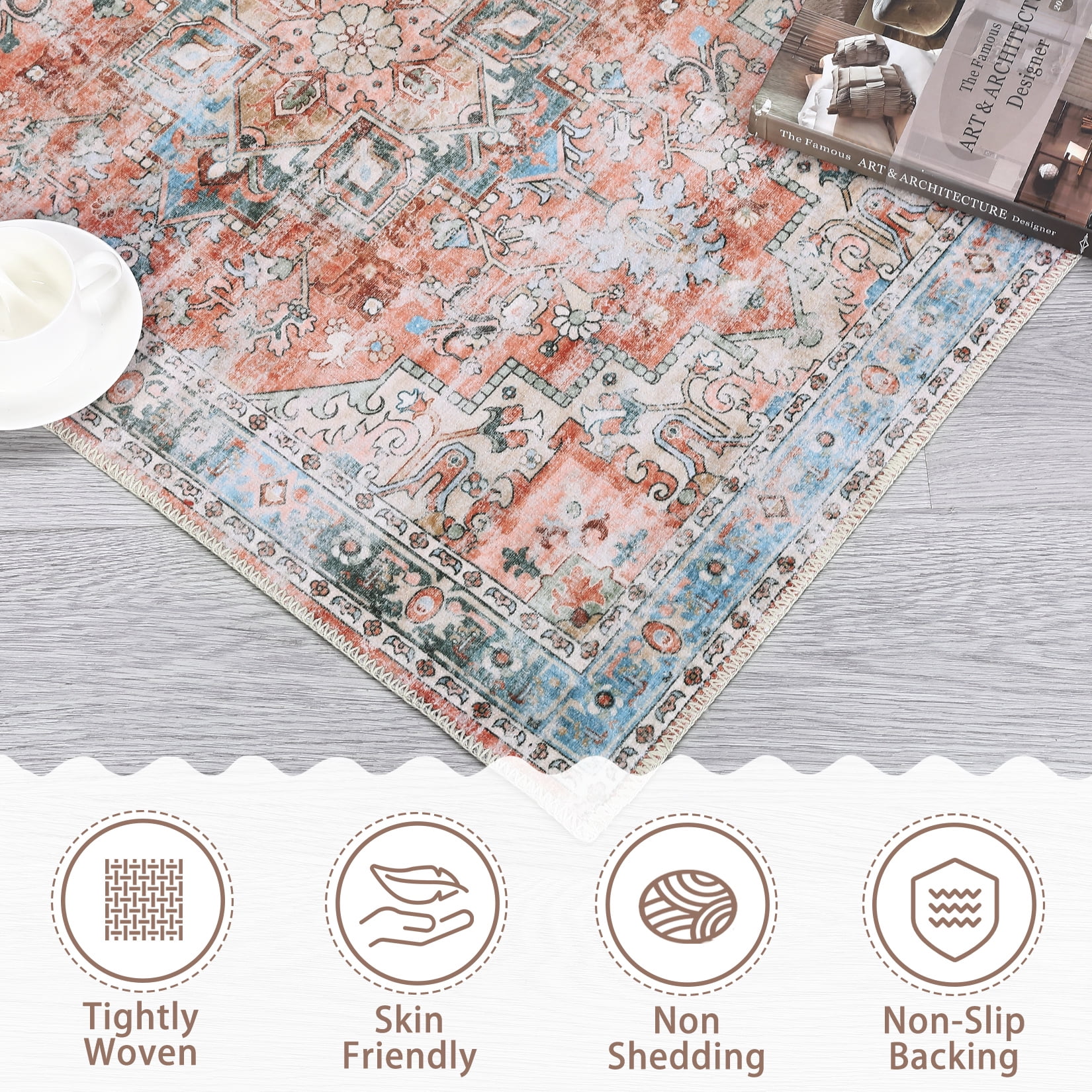 HOMERRY Foldable Area Rug 5' x 7' Washable Floral Geometric Rug for Living Room, Red/Orange