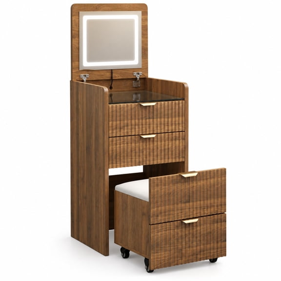 3 in 1 Vanity Desk with 3 Drawers and Rolling Stool, Compact Vanity with Flip Top Mirror and Lights, Modern Small Makeup Vanity Table (Walnut Color)