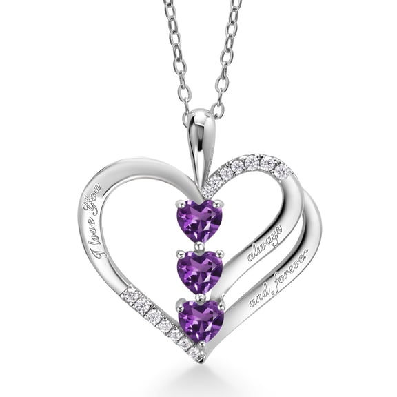 Gem Stone King 925 Sterling Silver Heart Shape Purple Amethyst and White Moissanite "I love you always and forever" Pendant Necklace for Women (0.85 Cttw, with 18 inch Silver Chain)