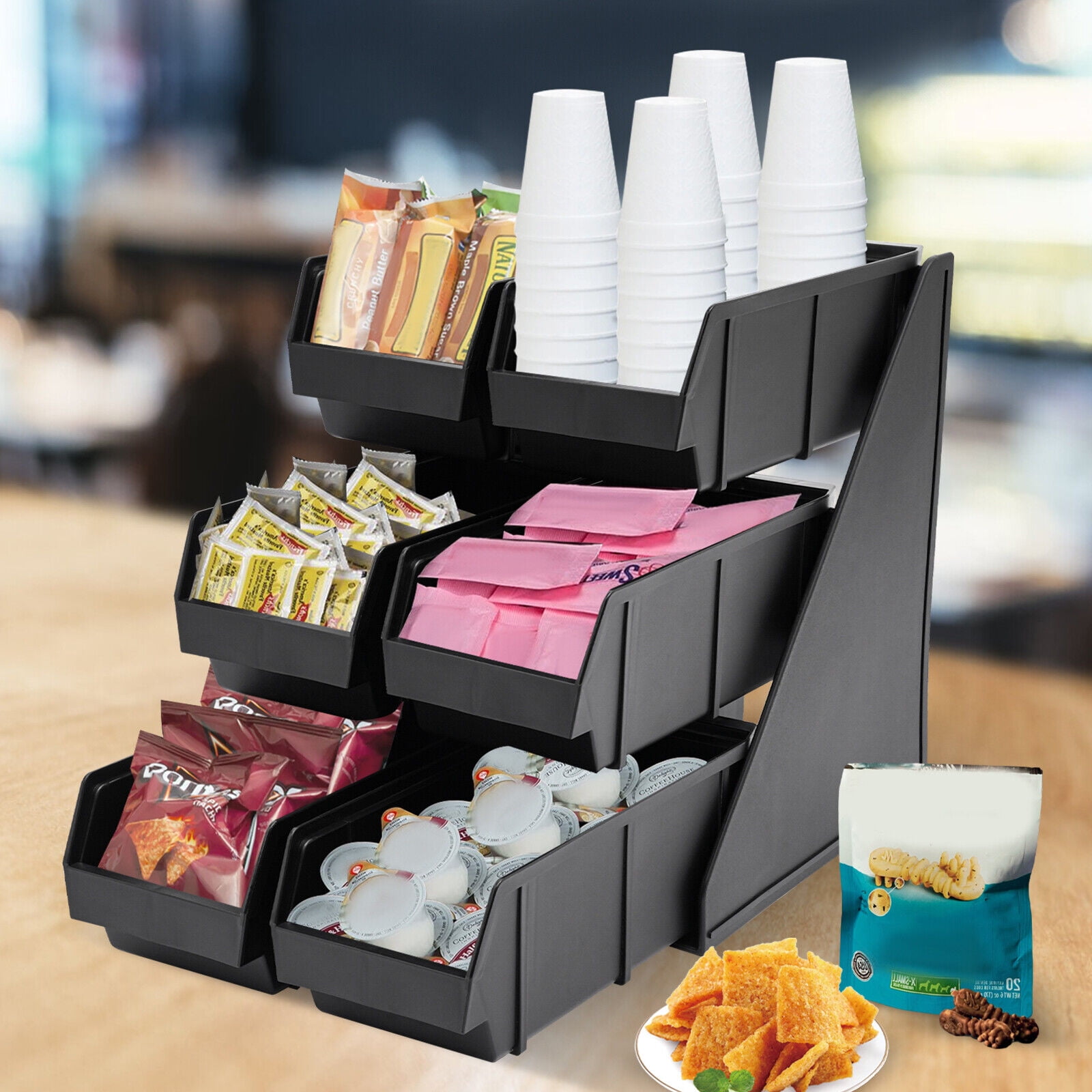 6 Compartment Serve Condiment Bin, 3-Tier Self Serve Condiment Bin Stand, Plastic Containers Storage Bins, Countertop Condiment Organizer for Coffee Shops Restaurants Bars