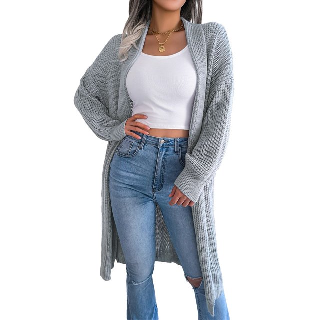 Ladies Cardigan Long Line Knitted Chunky Balloon Sleeve Open Front Sweater