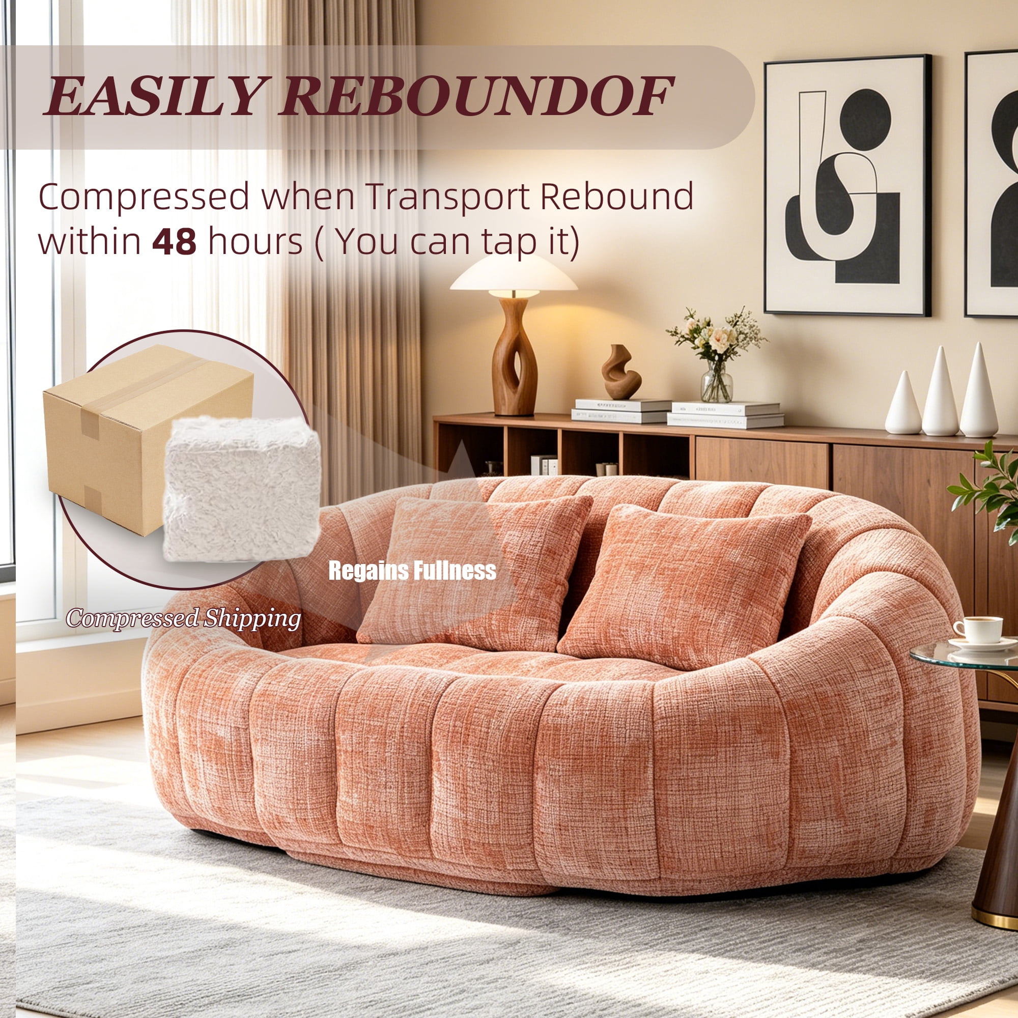 MOONMISS Large 59'' Bean Bag Chair for Adults,Chenille Shell-Shaped Couch with Two Pillows,Oversized Single Sofa,Pink