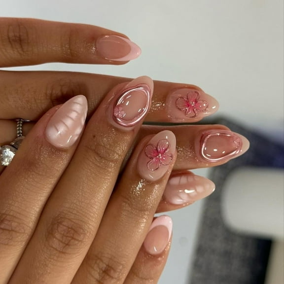 Almond Press on Nails Glossy Fake Nails Stick on Nails in 12 Sizes,24 Pcs French Nails Tips for Nails Art Decorations