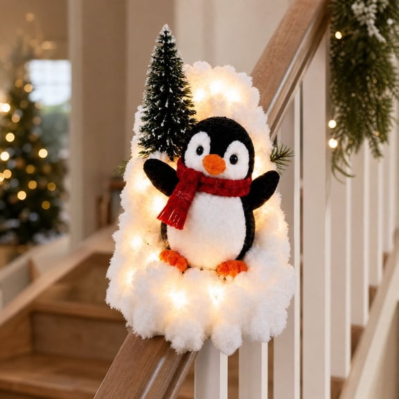 Lighted Christmas Stair Banister Decor Set with Plush Penguin Figurines & Artificial Snow Blanket, Warm LED Indoor Winter Xmas Stair Rail Decoration