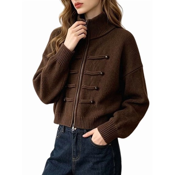 Women's High Collar Double-Breasted Zip-Up Cropped Knit Cardigan Brown One size