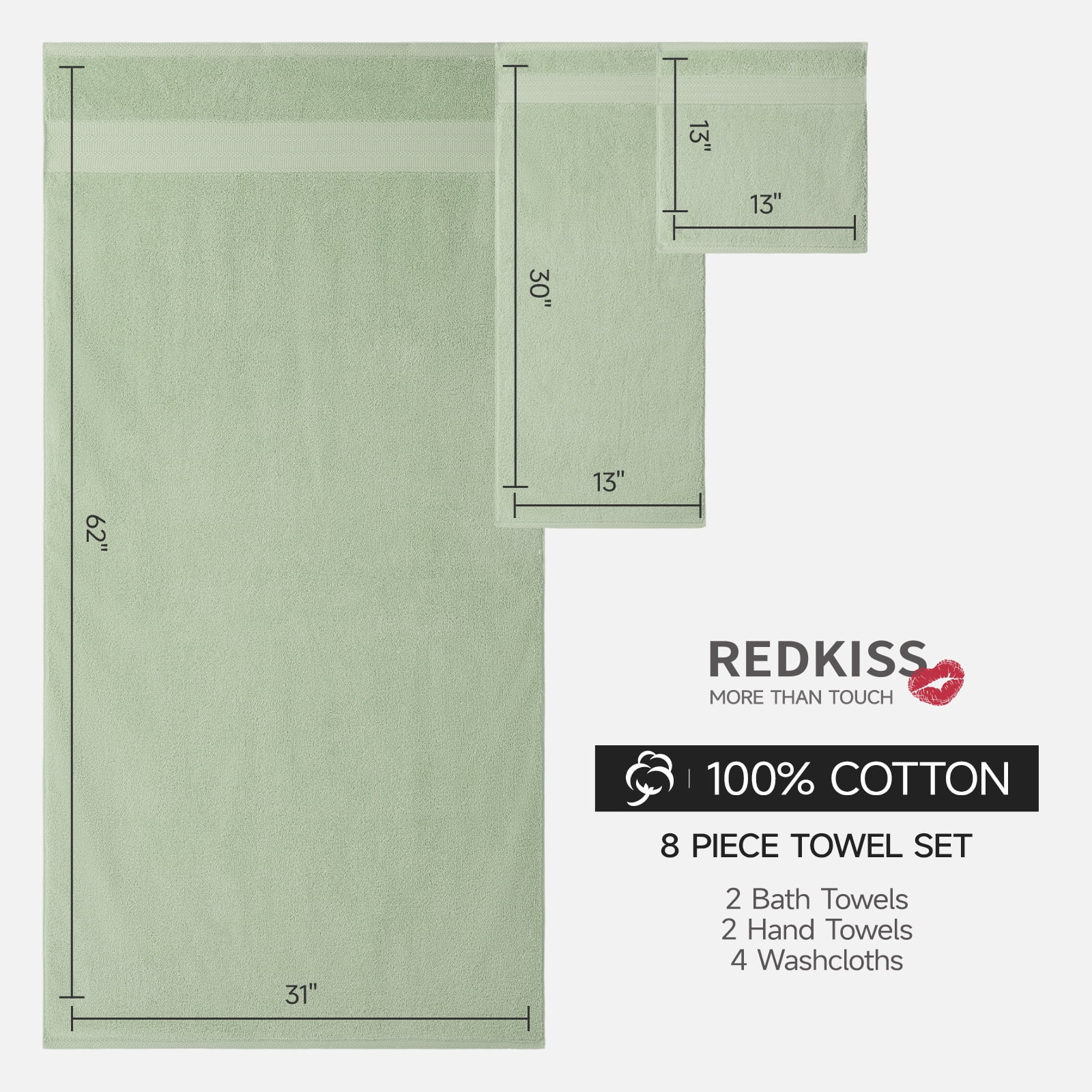 REDKISS 8-Piece 100% Cotton Towel Set, 600GSM Luxury Green Bath Towels.Quick Dry Hand Towels & Washcloths