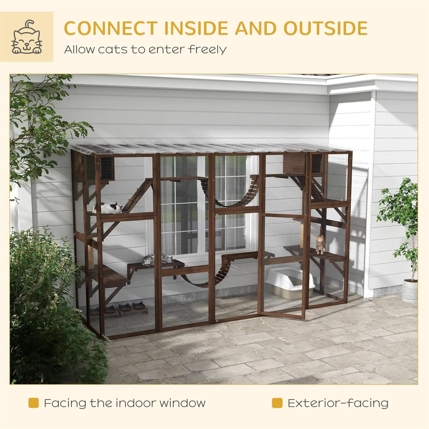 Pefilos 118" Outdoor Weatherproof Cat Cage with Shelves, Bridges, Wooden Catio House for 2-3 Kittens Cats, Indoor Cat Enclosure, Brown
