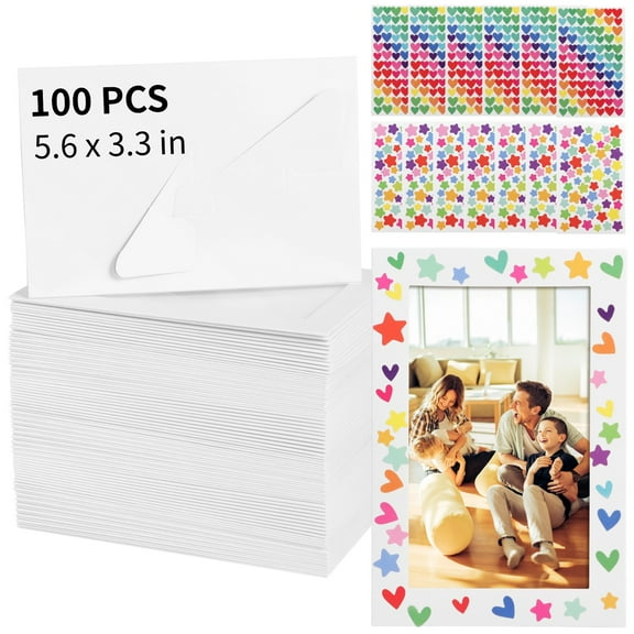 100 PCS Paper Picture Frames with Stand, 5.6 x 3.3 in White Cardboard Photo Frames, DIY Craft Display Frames with 12 Sticker Sheets, Art Frames for Party and Home Decor