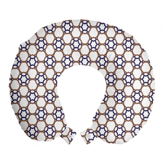 Modern Travel Pillow Neck Rest, Abstract Blue Stars Images Inside Geometric Shapes on Plain Background, Memory Foam Traveling Accessory Airplane and Car, 12", Quartz Caramel and White, by Ambesonne