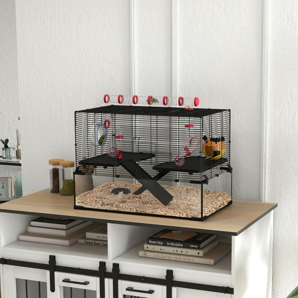 Spaco 31" Hamster Cage with Tube and Tunnel, Deep Glass Bottom, Pet Cage for Small Hamsters, Black