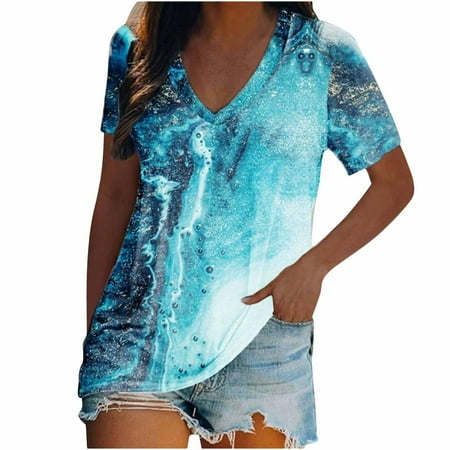 

Workout Tops for Women Going Out Tops for Women Women s Vintage V-neck Short Sleeves Printed Pattern Casual Short Sleeve Gradient Summer Tops Blouse Western Shirts for Women Workout Shirts
