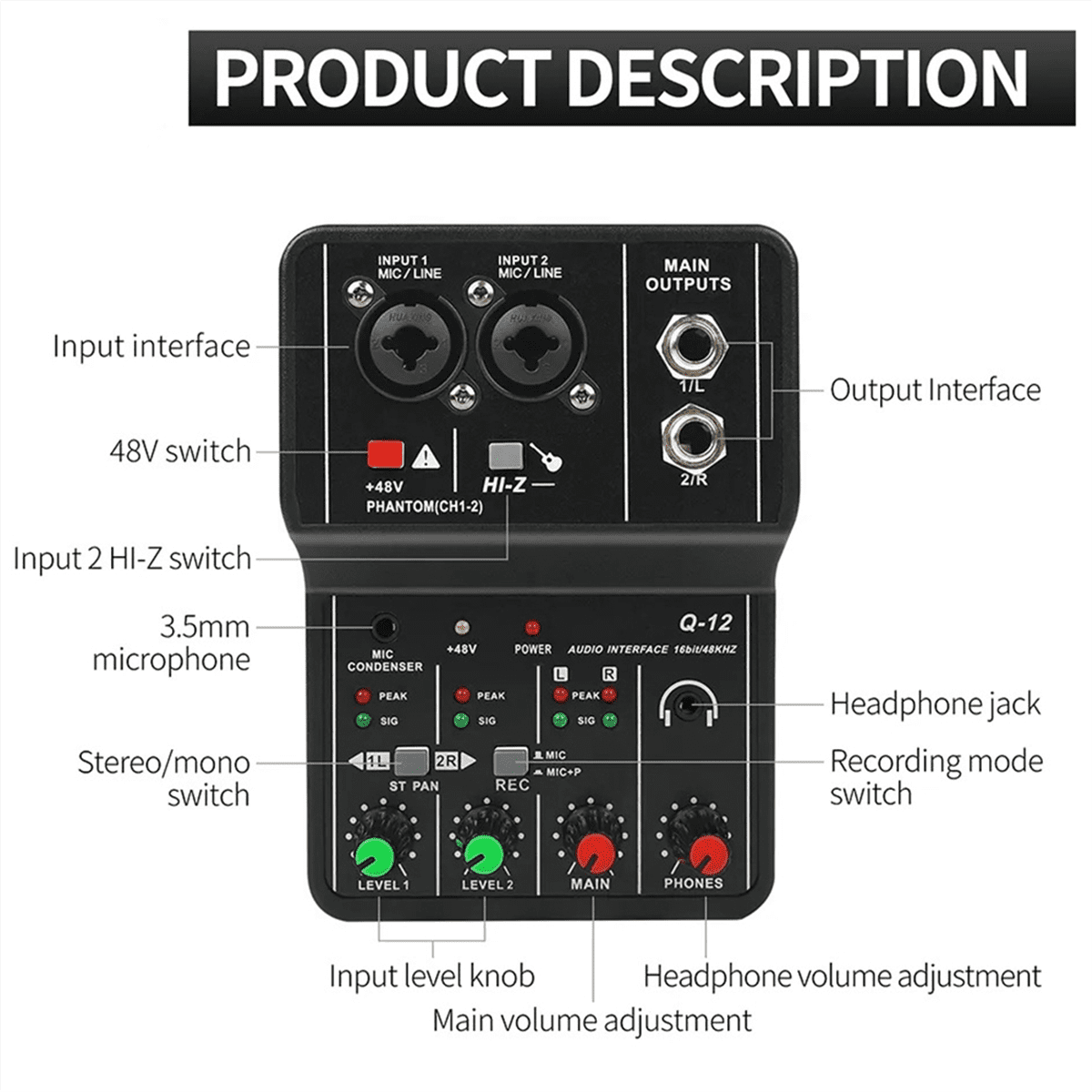 Professional Audio Mixer Sound Card with Monitor Electric Guitar Live Broadcast Recording for Studio Singing Computer PC,1 x Audio Mixer Sound Card 1 x USB Cable 1 x English instruction manual,Black